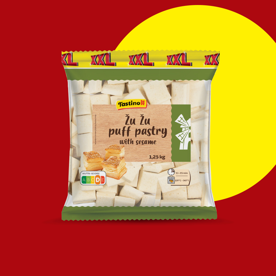 Pakovanje lisnatog testa sa susamom, 1,25 kg, sa uputstvom za pečenje i Nutri-Score oznakom.