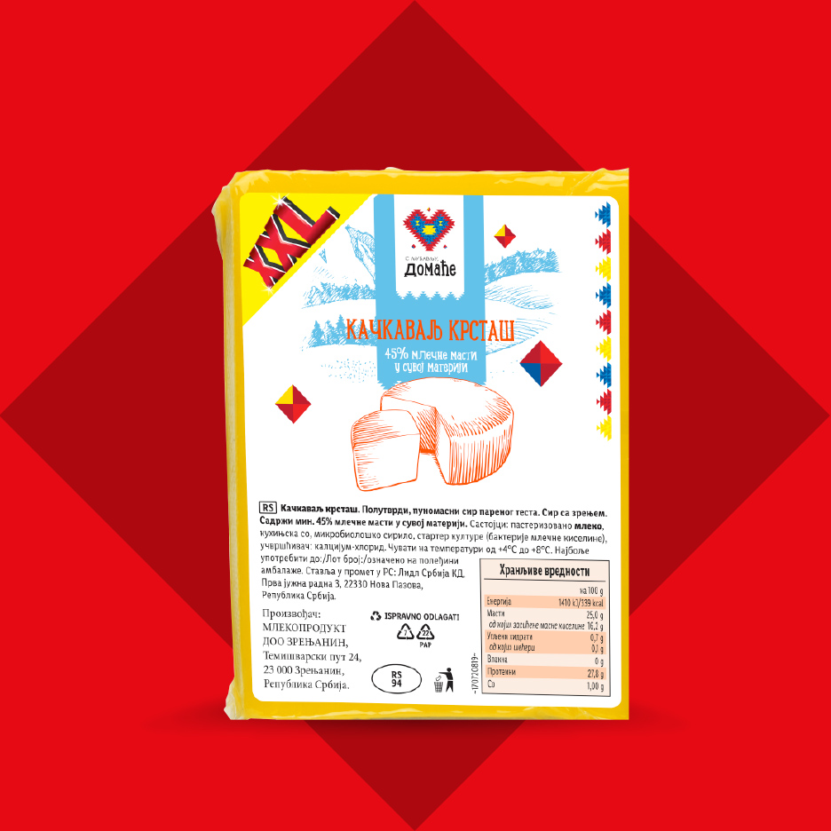 Pakovanje kačkavalja sa natpisom 'XXL' i informacijama o proizvodu i nutritivnim vrednostima.