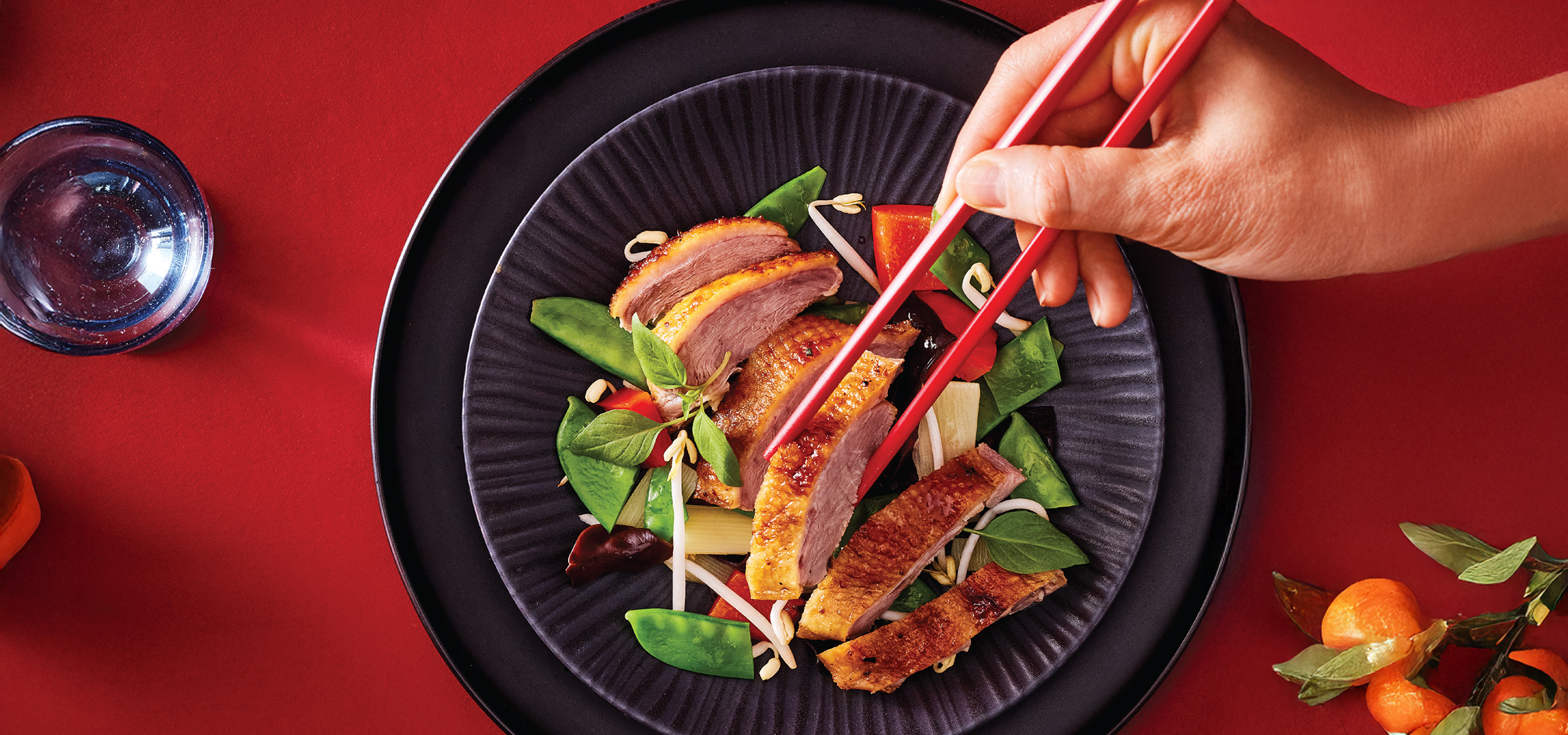 Piletina na štapiću sa sosom od kikirikija i salata od pačetine sa povrćem.