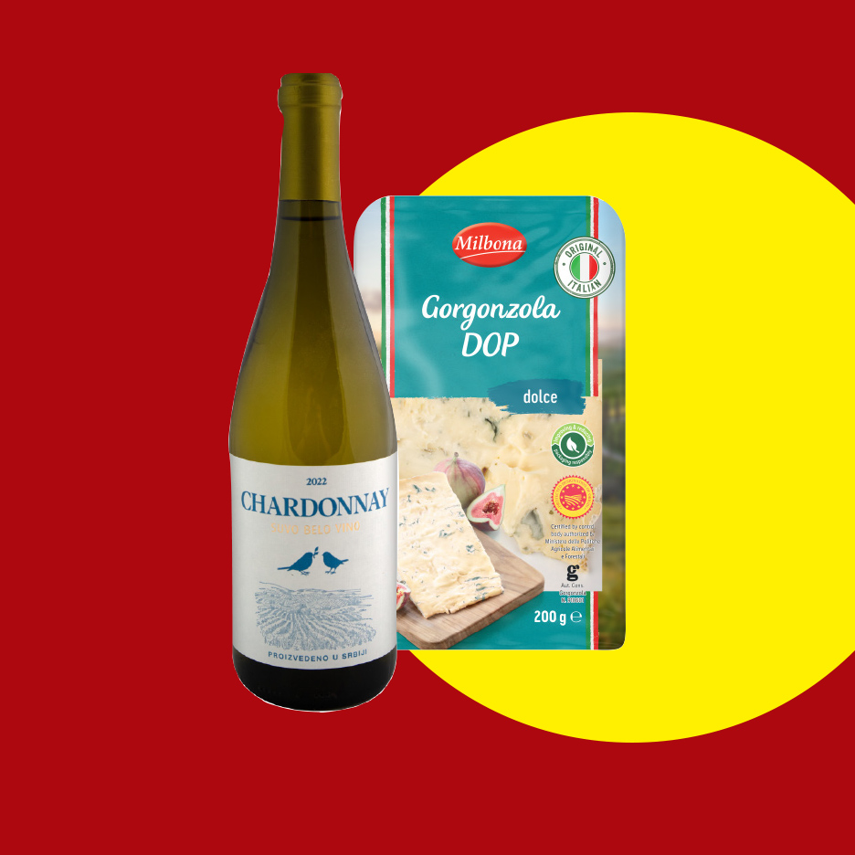 Boca belog vina Chardonnay i pakovanje Milbona Gorgonzola DOP sira.