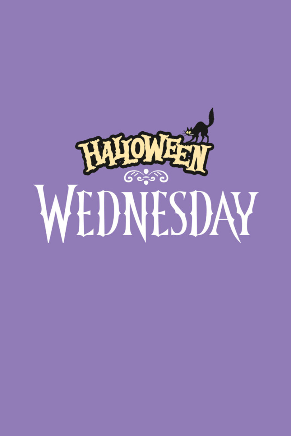 Ljubičasta pozadina sa natpisom 'Halloween Wednesday' i crnom mačkom.