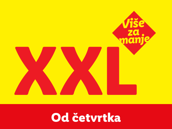 Žuti baner sa crvenim natpisom 'XXL' i porukom 'Više za manje'.