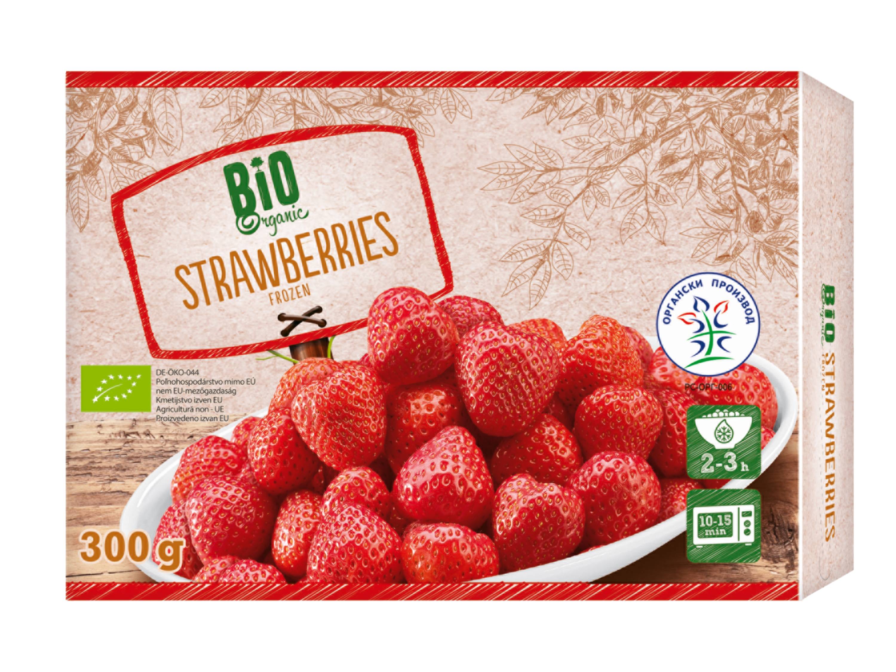 Pakovanje smrznutih organskih jagoda od 300g sa uputstvima za odmrzavanje.